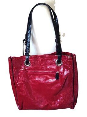 Marc Fisher Red Patent Tote Bag With Black Faux Snake Handles-Flaws